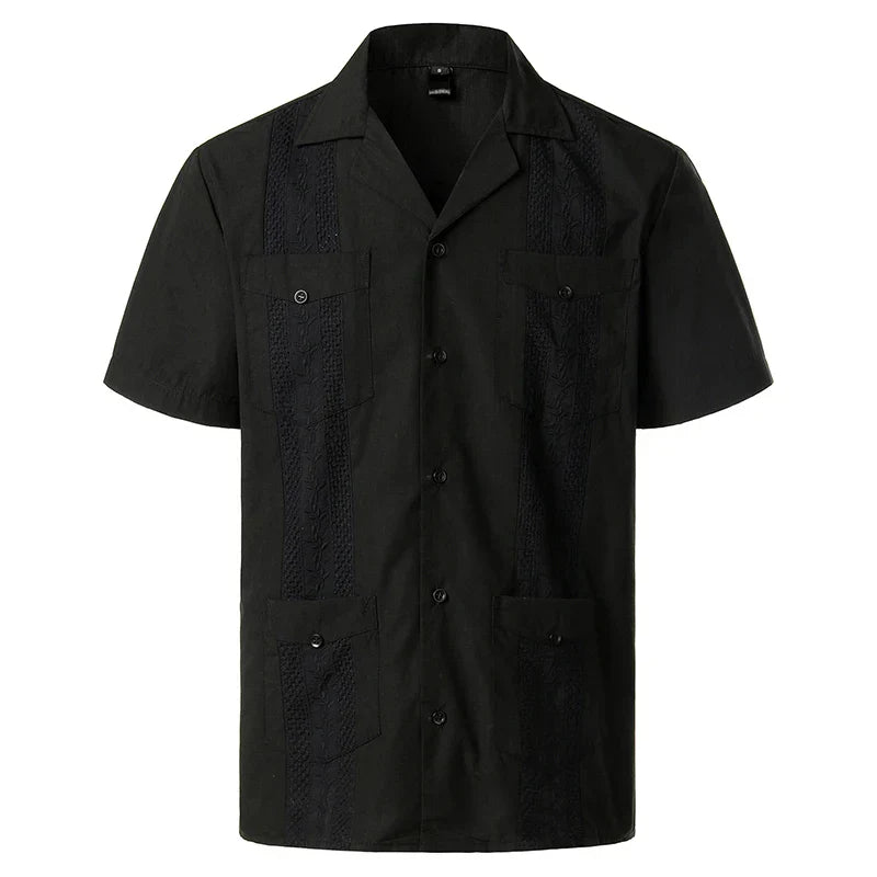 maoxiangshop Men's Traditional Cuban Camp Collar Guayabera Shirt Short Sleeve Embroidered Mexican Caribbean Style Beach Shirt with 4 Pocket