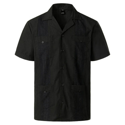 maoxiangshop Men's Traditional Cuban Camp Collar Guayabera Shirt Short Sleeve Embroidered Mexican Caribbean Style Beach Shirt with 4 Pocket