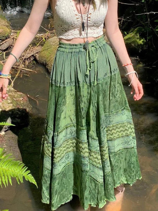 Vintage Green Long Skirt For Women Aesthetic Graphic Print Hight Waist Bohemian Skirts Fairy Grunge Streetwear Ladies Clothes