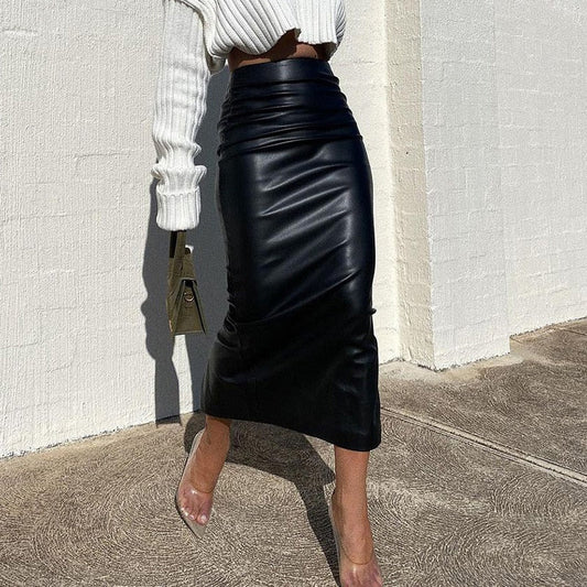 maoxiangshop Skinny Faux Leather Split Midi Skirt Women Sexy Black White Long Skirt Club Y2K High Waisted Bodycon PU Streetwear Spring Autumn