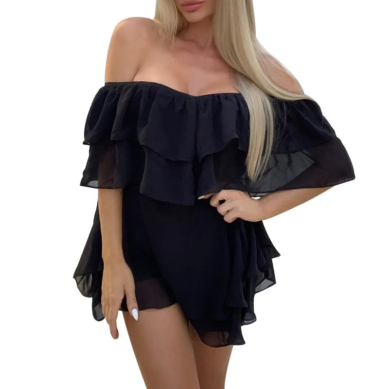 maoxiangshop Off Shoulder Ruffle Short Mini Dress Women Summer Fashion A Line Sundress Robe Female Solid Color Casual Sundress