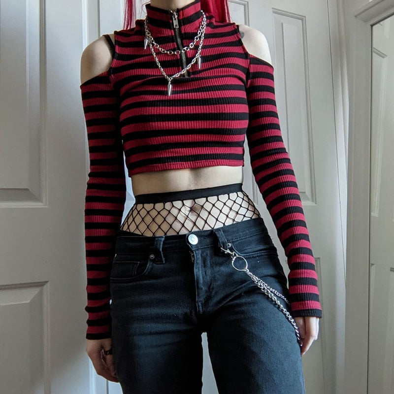 maoxiangshop Gothic Mall Goth Striped Print T-shirt Hollow Out Slim Fit Turtleneck Crop Top E-girl Harajuku Grunge Emo Alt Tees Women Clothes