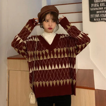 maoxiangshop Sweaters Women Vintage Argyle Korean All-match Chic V-Neck Ladies Pullovers Student Lazy Style Popular Winter Women Sweater New