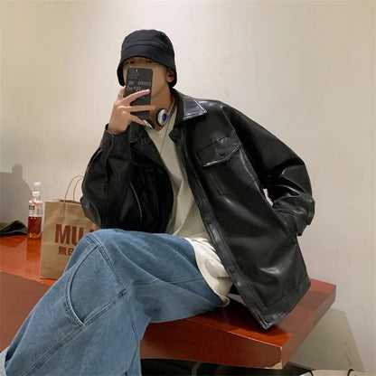 maoxiangshop Black Faux Leather Jacket Men Autumn Mens Hip Hop Jacket PU Leather Male Oversize Streetwear Korean Trend Jackets Coats