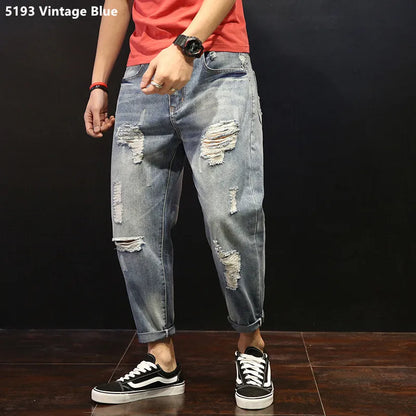 maoxiangshop Men Summer Ripped Ankle Length Plus Size Jeans 38 40 42 Harem Holes Hip Hop Trousers Denim Scratched Loose Boys Cool Blue Pants