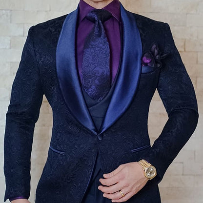 maoxiangshop Navy Blue Floral Jacquard Men Suits Slim Fit with Shawl Lapel 3 Piece Custom Wedding Tuxedo for Groomsmen Male Fashion Costume