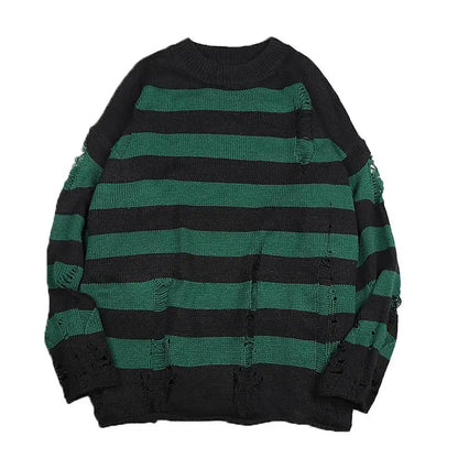 maoxiangshop Black Stripe Sweaters Destroyed Ripped Sweater Men Pullover Hole Knit Jumpers Men Oversized Sweatshirt Harajuku Long Sleeve Tops