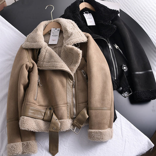 maoxiangshop Winter Women Thick Warm Suede Lamb Jacket Short Motorcycle Brown Coats Faux Shearling Sheepskin Leather Jackets Outwear