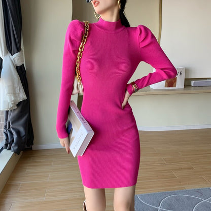 maoxiangshop Women Knitting Full Puff Sleeve Base Sweaters Dresses Girls Slim Turtleneck Mini Sheath Knitwear Dress Real Photos