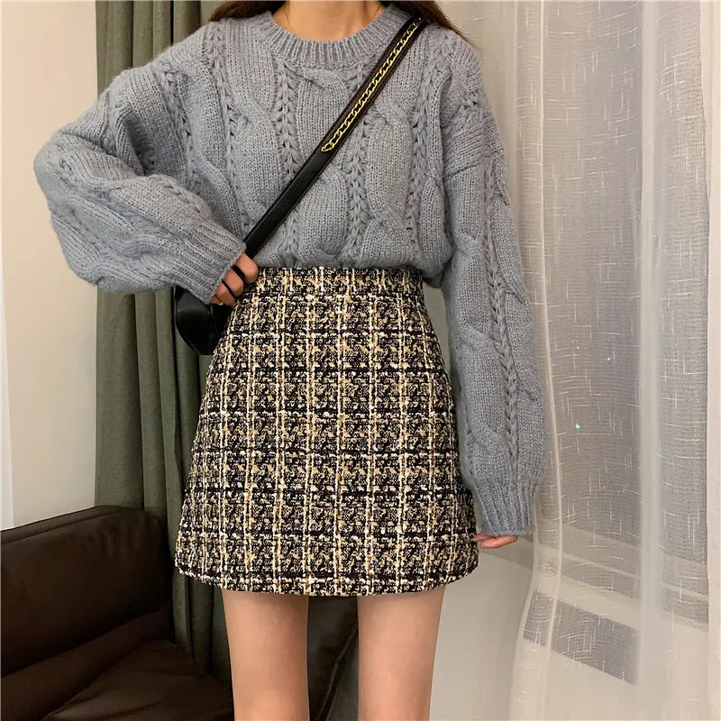 maoxiangshop Fall Winter Plaid Wool Skirt Womens Plus Size Thick Woolen Glitter Mini Tweed Skirt Saia Feminina