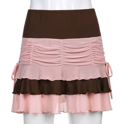 maoxiangshop Y2K Aesthetic Pleated Skirts Women Low Waist Ruffles Mini Skirt Patchwork Pink Mesh Cute Kawaii Brown Bodycon Vintage Clothes