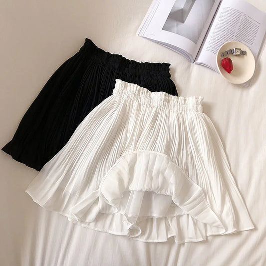 maoxiangshop Solid Chiffon Summer Shorts Skirt Women Fashion Elastic Waist Pleated Mini Skirt Casual Beach Faldas Saias