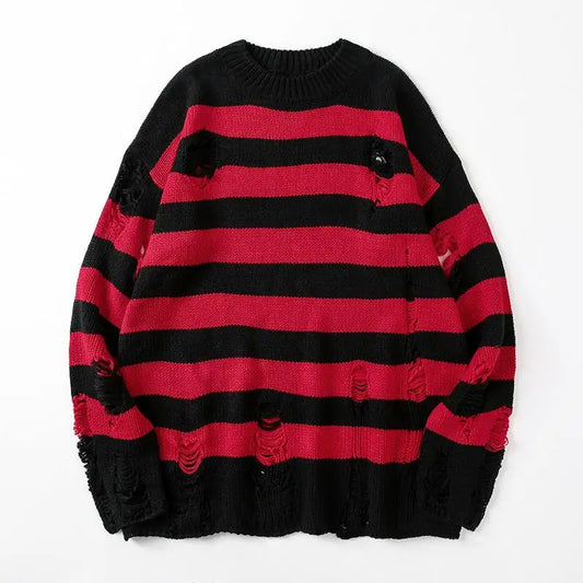 maoxiangshop Black Stripe Sweaters Destroyed Ripped Sweater Men Pullover Hole Knit Jumpers Men Oversized Sweatshirt Harajuku Long Sleeve Tops