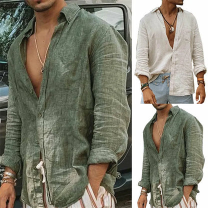 maoxiangshop Men Casual Cotton Linen ShirtsStanding Collar Male Solid Color Long Sleeves Loose Tops Spring Autumn Handsome Men's Shirts
