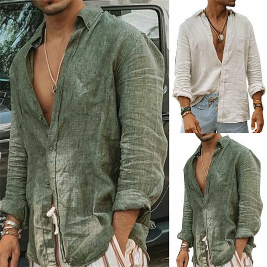 maoxiangshop Men Casual Cotton Linen ShirtsStanding Collar Male Solid Color Long Sleeves Loose Tops Spring Autumn Handsome Men's Shirts