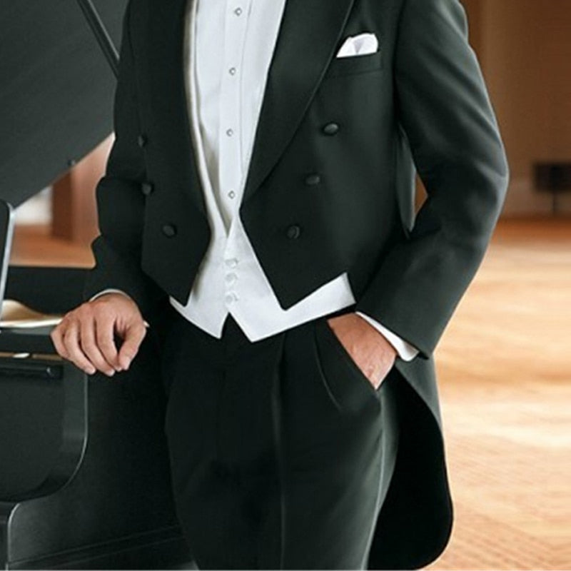 maoxiangshop Black Wedding Tail Coat for Groom Dinner Party Tuxedo 3 Piece Formal Men Suits with White Vest Pants Male Fashion Prom Bridegro