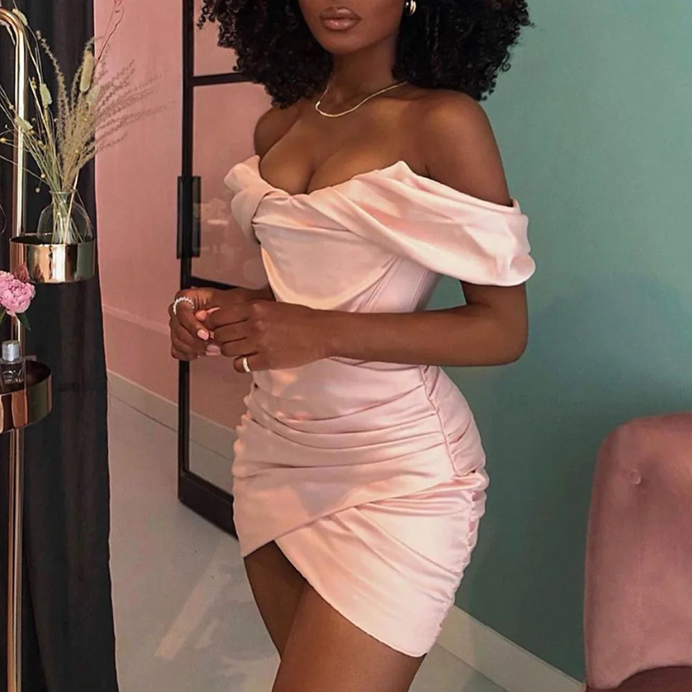 High Quality Bodycon Satin Dress Pink Women Party Dress Mini New Double Layer Summer Dress Celebrity Evening Club Dress