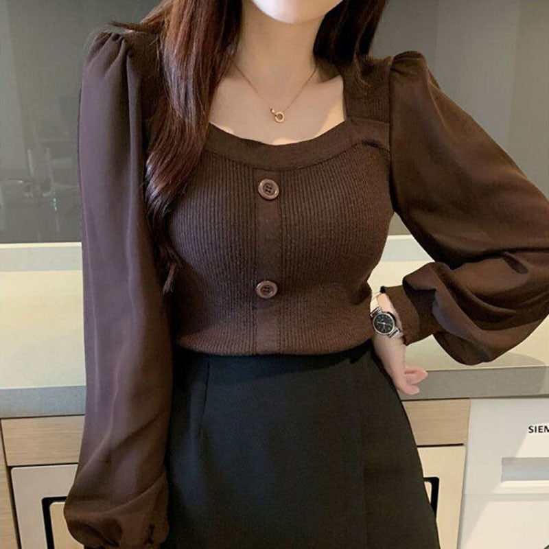 Pull Femme Spring Fashion Square Neck Solid Tops Patchwork Long Sleeve Sweater Women Knitted Pullovers Woman Clothes