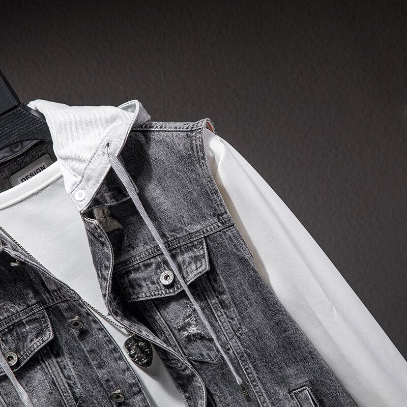 maoxiangshop Plus size Short Denim Vest men Detachable Hooded Coat Spring summer Side pockets Sleeveless Jeans Jacket Men's Tops-4XL
