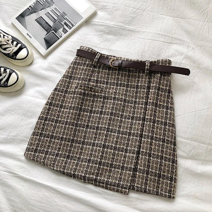 maoxiangshop Korean Irregular Lady Skirt Female Autumn Sweet High Waist A-line Mini Skirt Belt Vintage Casual Women Plaid Skirt Sashes