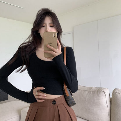 maoxiangshop Soft Elastic Tees Women U-neck Cropped T-shirts Girls Full Sleeve Sheath Tshirt Basic Crop Tops Girls Base Undershirts