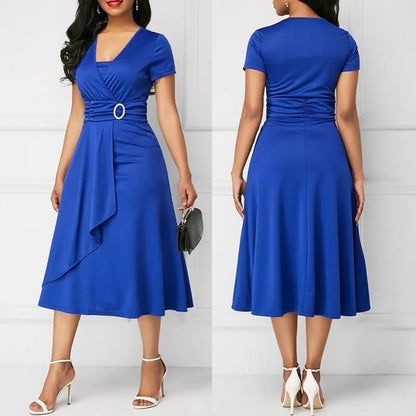 maoxiangshop Fashion Elegant Women Solid Color Short Sleeve V Neck Asymmetric Hem Waist Tight Midi Party Dress Ladies Evening Vestidos