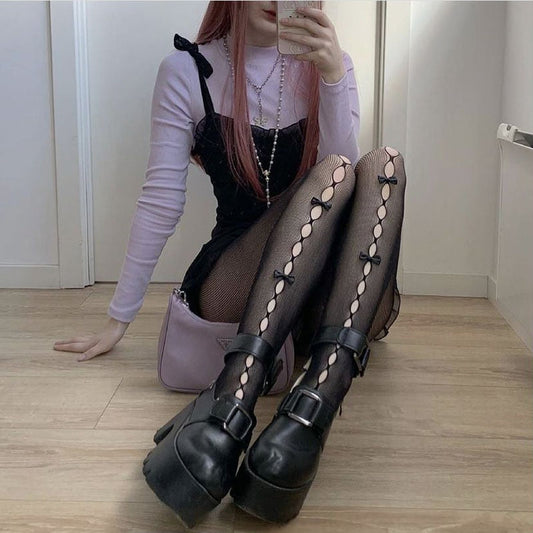 maoxiangshop Lolita Goth Lace Stockings Women Harajuku Tights Elastic High Waist Pantyhose Hollow Sexy Leggings with Bowknot 90s