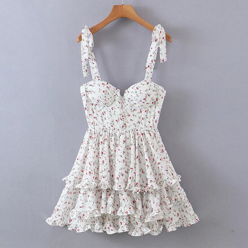 maoxiangshop Summer Women Floral Print Sexy Sling Chiffon Dress Ladies Sweet Ruffle Holiday Party Short Dress Chic Vestido