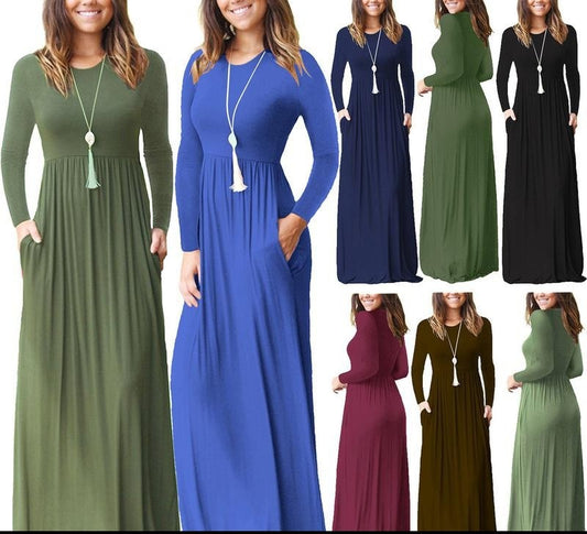 maoxiangshop 3XL Sexy Women Dress Summer Solid Casual Full Sleeve Maxi Dress For Women Long Dress Lady Dresses