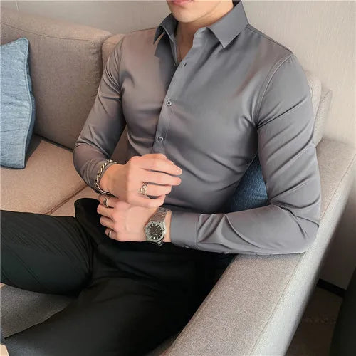 maoxiangshop Plus Size S-7XL High Quality Men Dress Shirt Autumn Long Sleeve Solid Business Slim Shirts Homme Dress Social Casual Shirt