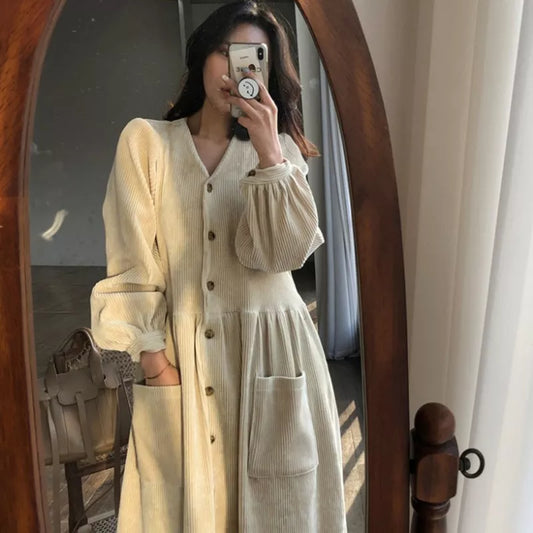 maoxiangshop Women Autumn Winter Vintage Long Dress Elegant Full Sleeve Single Breasted Tunic Casual Corduroy Dress with Pocket Vestidos