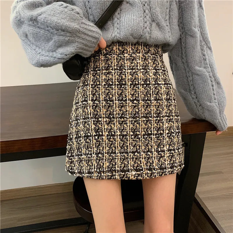 maoxiangshop Fall Winter Plaid Wool Skirt Womens Plus Size Thick Woolen Glitter Mini Tweed Skirt Saia Feminina