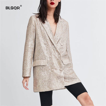 Women Geometric Pattern Sequined Blazer Feminino Shining Pockets Long Sleeve Outerwear Vintage Female Casual Tops