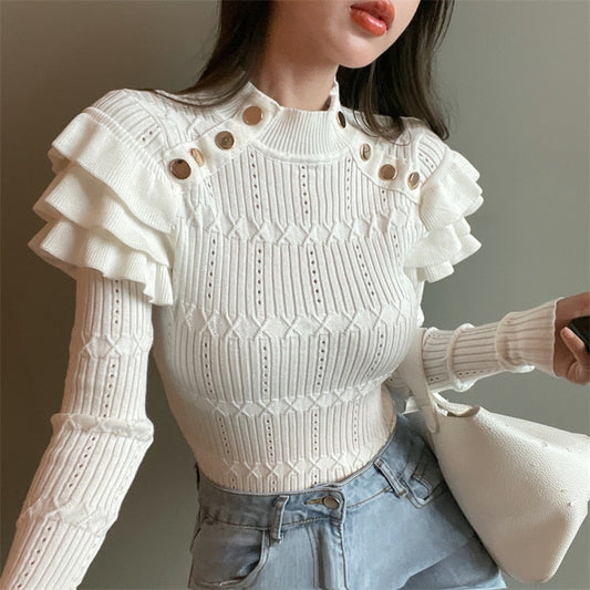 maoxiangshop Full Sleeve Turtleneck Buttons Sweater Jumpers Girls Stretchy Chic Ruffles Autumn Spring Sweaters Pullovers Tops Women