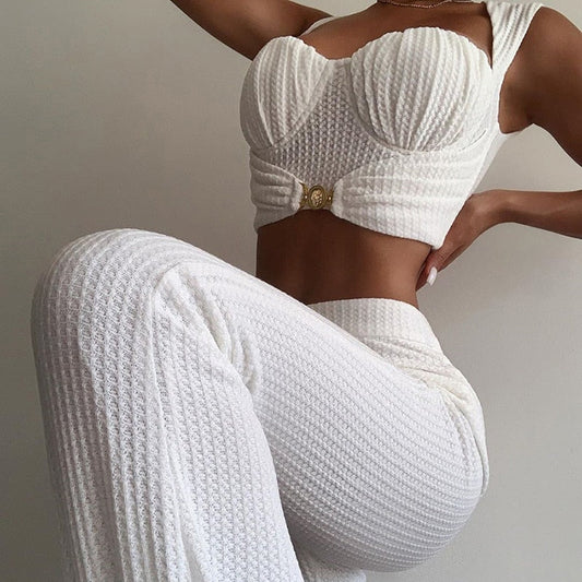 Townlike Casual Knitted 2 Piece Set Women Crop Top And Long Flare Pants Two Piece Set Spring Autumn Outfits