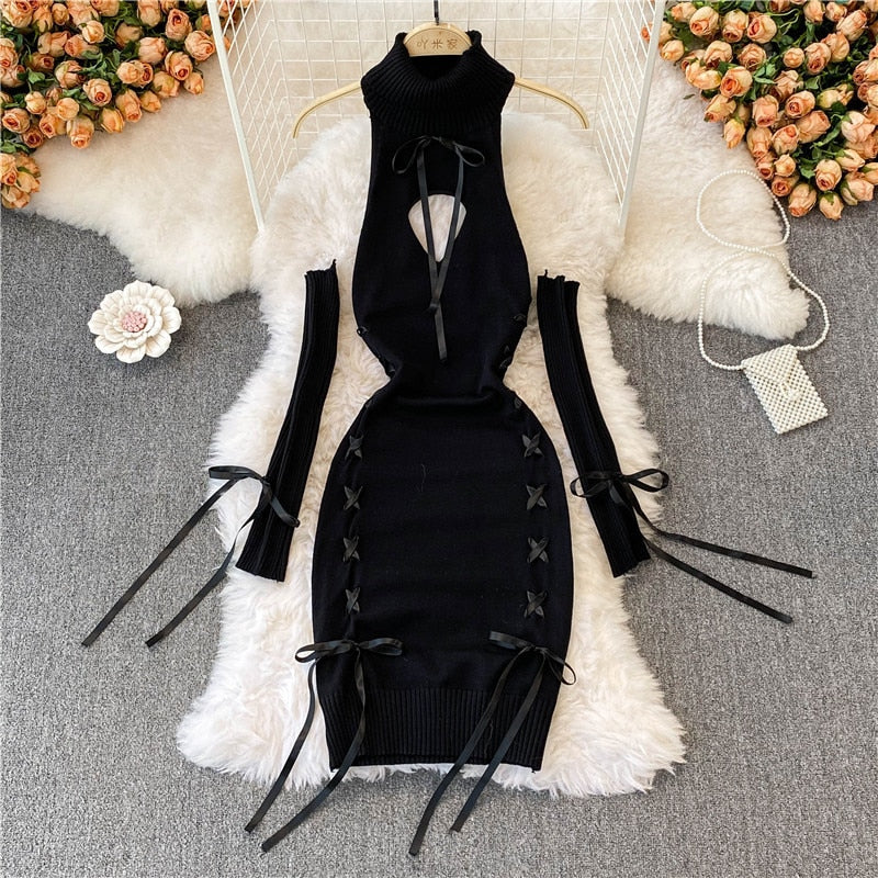 Women Sexy Sweater Dress Open Chest Backless Ribbon Strap Tops Turtleneck Long Sleeve Lacing Up Bodycon Knit Bandage Dress