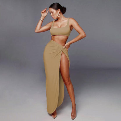 Irregular Sexy Two Pieces Set Spaghetti Strap Crop Top And High Split Midi Skirt Summer 2 Piece Set Women Outfits