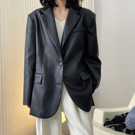 maoxiangshop Autumn and winter women's casual solid color single-breasted pocket decoration loose PU jacket