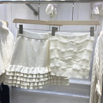 Cute Sweet Knitted 2 Piece Set Summer Sexy Strapless Crop Top + High Waist Ruffles Skirts Sets Tracksuit Women Two Piece Outfits