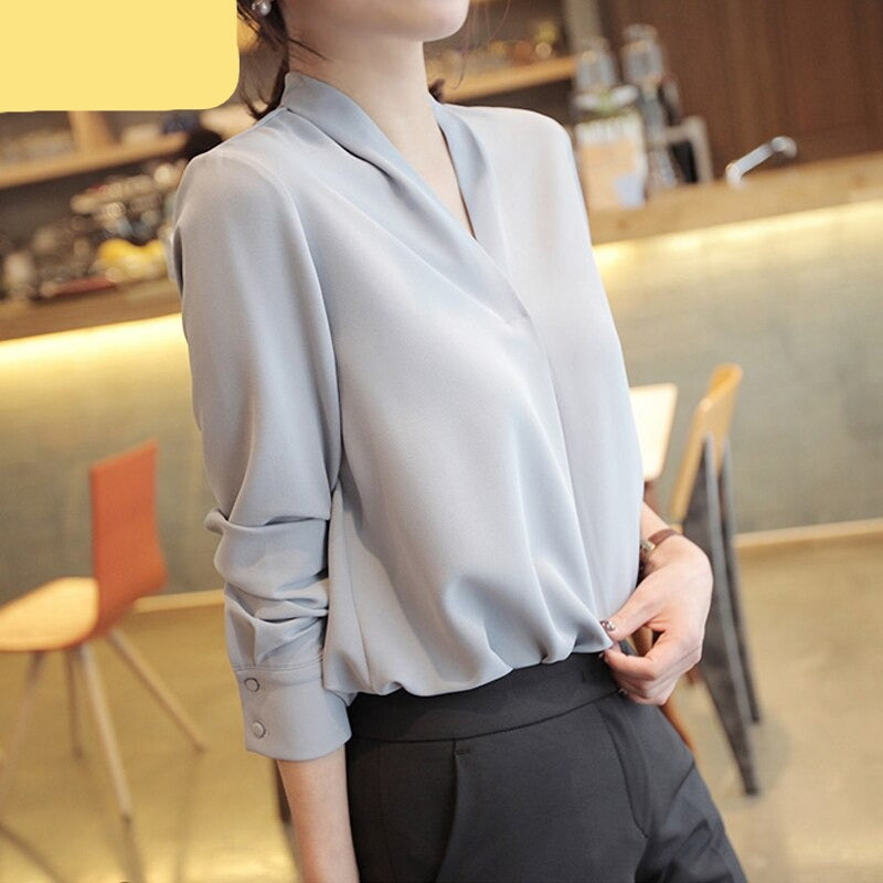 maoxiangshop New Chiffon White V-neck Women's Blouses Long Sleeve Spring High Street Shirt Ladies Top Chemisier S-XXL Solid Color