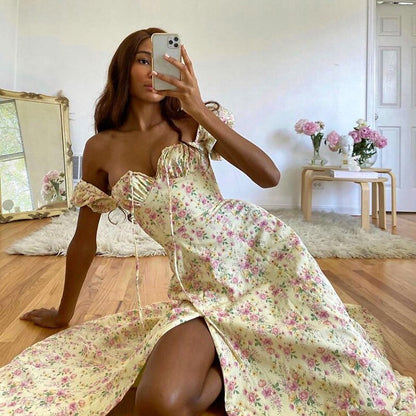 Short Puff Sleeve Floral Dress Women Bandage Backless Midi Summer Dresses Lace-up High Split Long Dress Vestidos