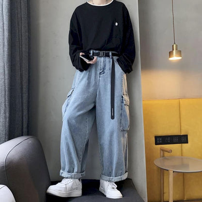 maoxiangshop Wide-leg Jeans Men's Autumn Daddy Trend Student Loose Straight-leg Pants Japanese Retro Big Pocket Loose Wild Fashion New W