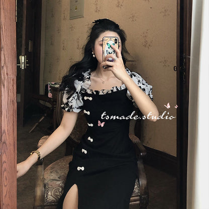 maoxiangshop Summer Patchwork Vintage Dress Women Button Designer Floral Print Korean Spilt Dress Ruffles Chiffon Casual Midi Dresses