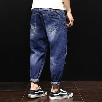 maoxiangshop Men Summer Ripped Ankle Length Plus Size Jeans 38 40 42 Harem Holes Hip Hop Trousers Denim Scratched Loose Boys Cool Blue Pants