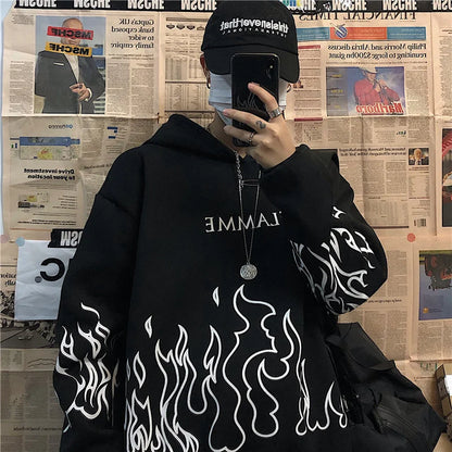 maoxiangshop Harajuku Oversized Women Hoodies Casual Flame Print Sweatshirt Korean Style Autumn Long Sleeve Hooded Female Pullovers Tops