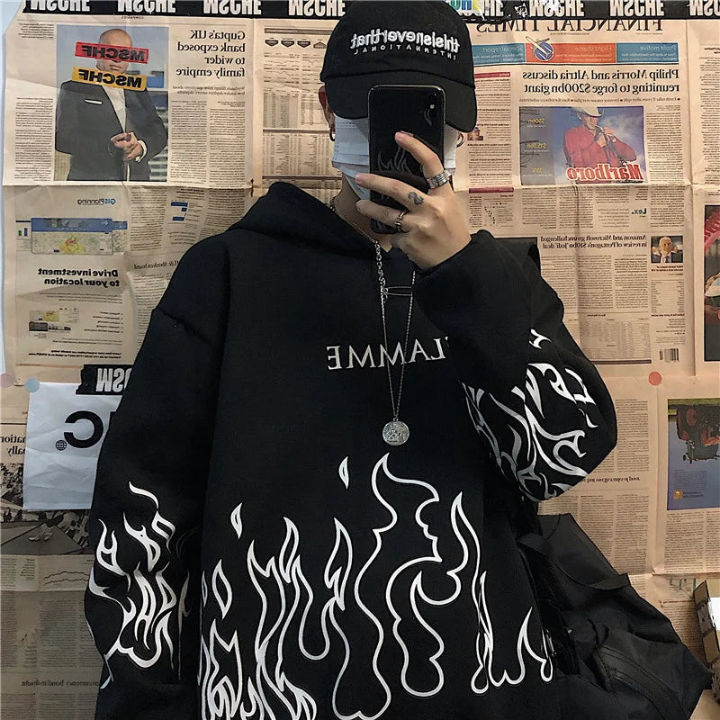 maoxiangshop Harajuku Oversized Women Hoodies Casual Flame Print Sweatshirt Korean Style Autumn Long Sleeve Hooded Female Pullovers Tops