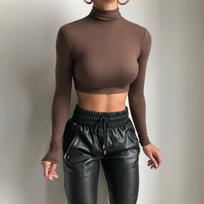 maoxiangshop Basic Sheath Women Solid Turtleneck Tshirt Autumn Stretch Casual Undershirt Female All-match Street Activity Crop Tops