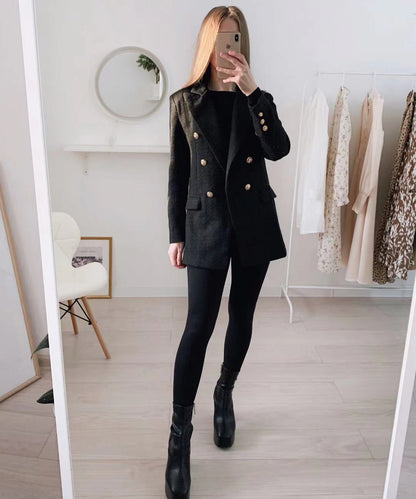 maoxiangshop Blazer Women Traf Fashion Metal Double Breasted Woollen Blazers Coat Vintage Long Sleeve Female Outerwear Chic Tops