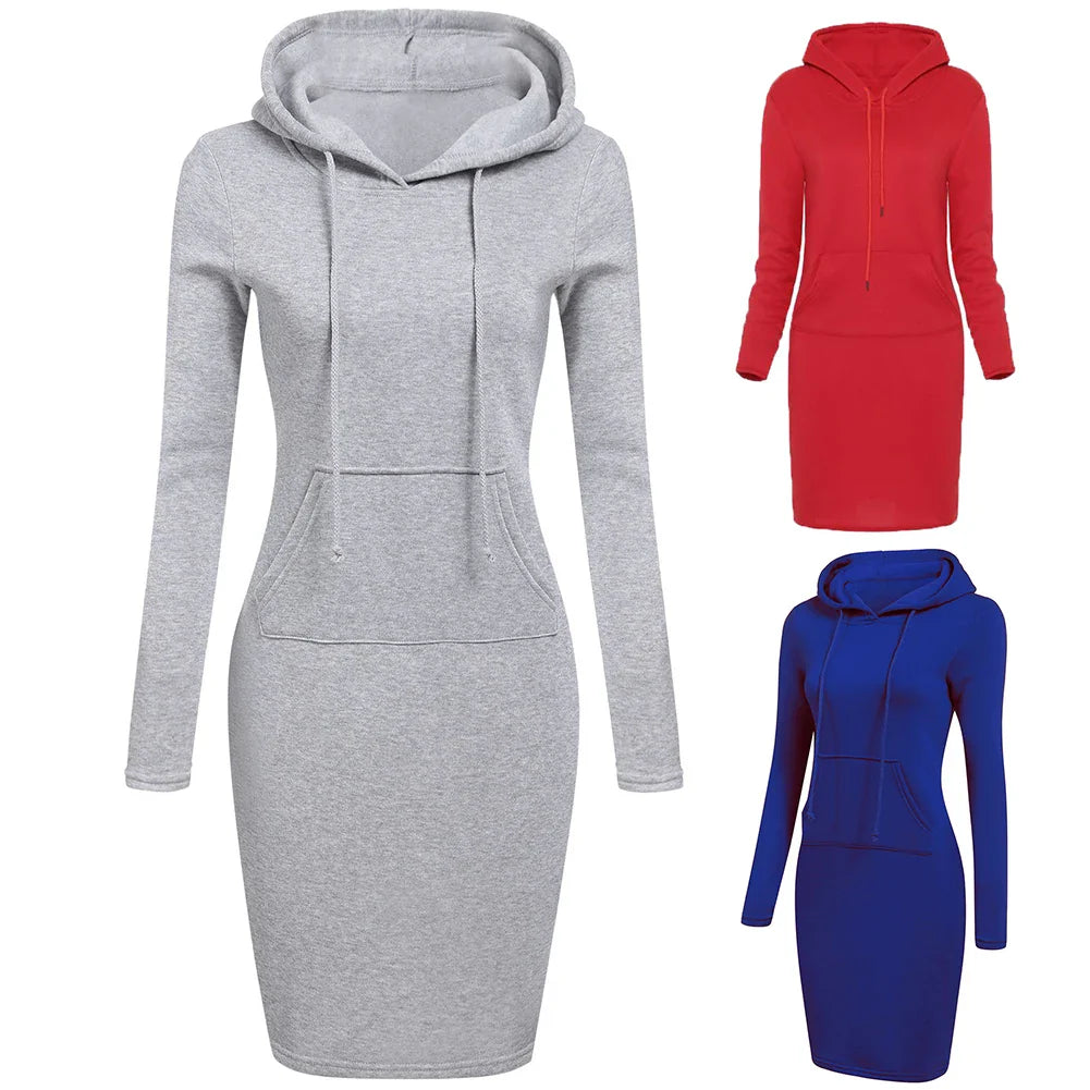 maoxiangshop Women Hoodies Winter Dresses Women Solid Color Long Sleeve Sweatshirts Bodycon Autumn Dress Women Robe Femme Knee Length Dress