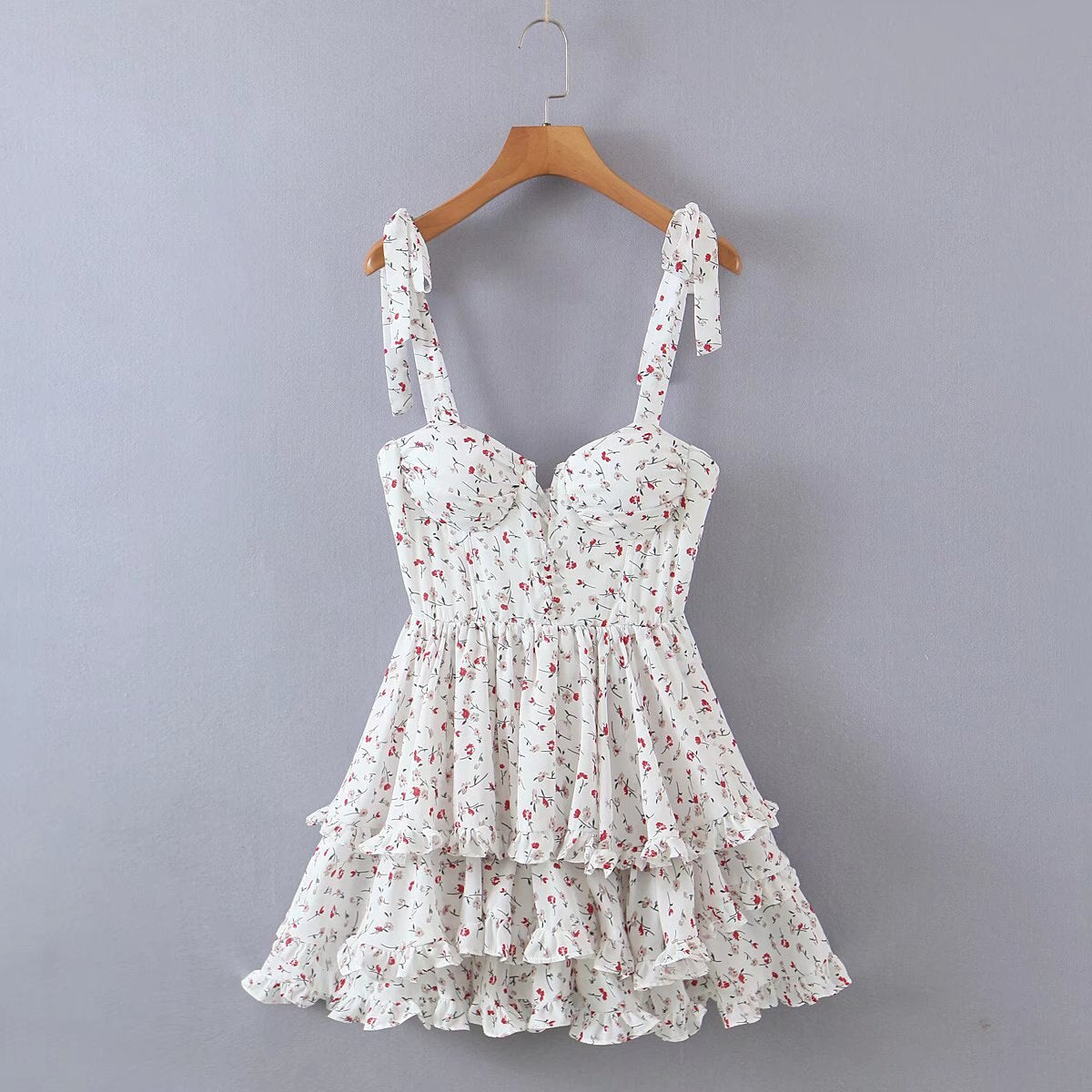 Summer Sexy Sling Dress Women Floral Print Layer Ruffle Cake Mini Dress Sweet Ladies Holiday Party Short Robe Chic Vestido